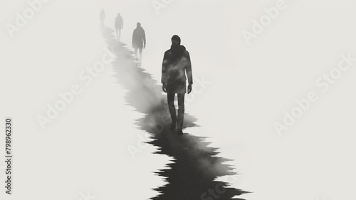 Silhouettes of people walking into fog, with a prominent figure closest.