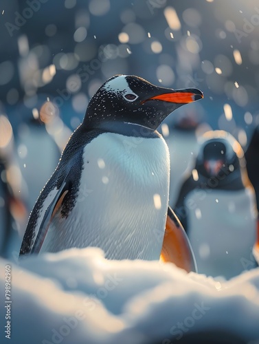 Generative AI : close up photo penguin on snow mountain