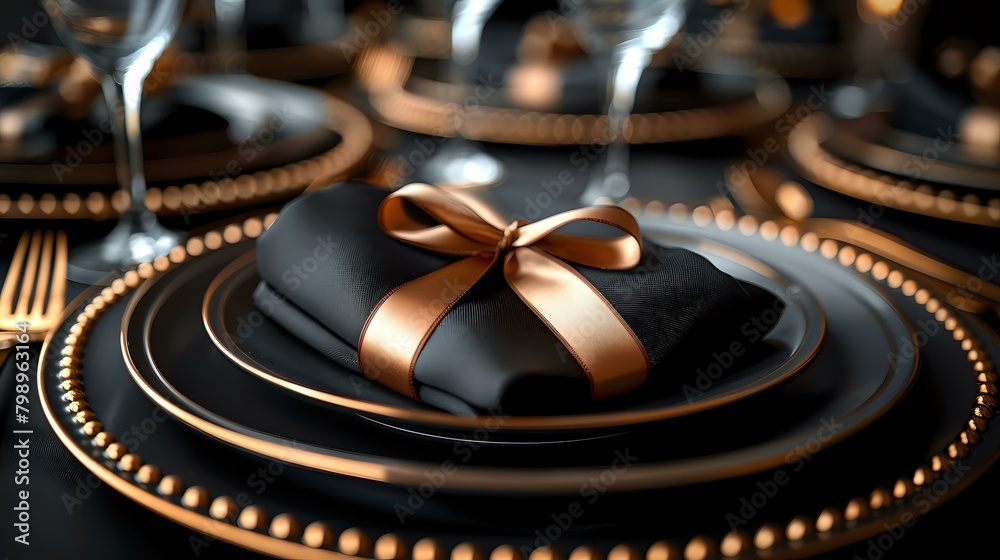 Stylish Black and Gold Wedding Table Setting with Elegant Plates