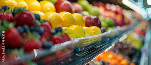 Fresh organic colorful fruits on supermarket shelf, consumerism and healthy food shopping concept banner. © Denis
