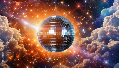 Design an imaginative composition featuring a disco ball surrounded by a cosmic backdrop. The artwork combines elements of fantasy and disco aesthetics, creating a visually captivating scene that tran