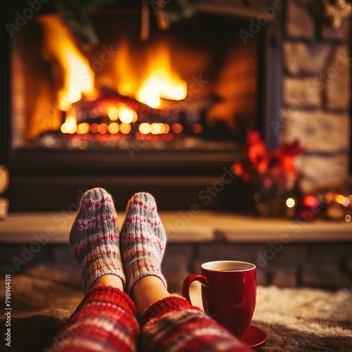A woman is sitting by a cozy Christmas fireplace wearing woolen socks.