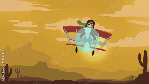 Animation of a red plane with a female aviator touring the desert and doing pirouettes