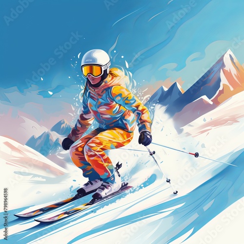 Hand drawn digital illustration of Skier skiing in winter season snow sports.