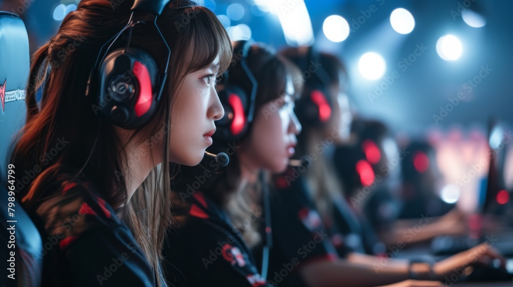 Group of professional female gamers in the competitive gaming arena