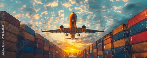 A cargo plane loaded with freight containers taking off into the sky, representing global commerce. photo