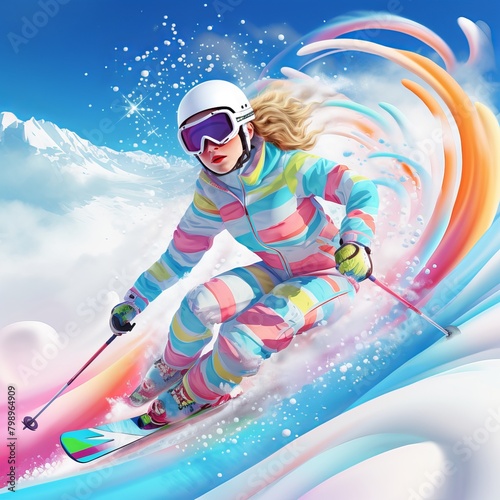 Hand drawn digital illustration of Skier skiing in winter season snow sports.