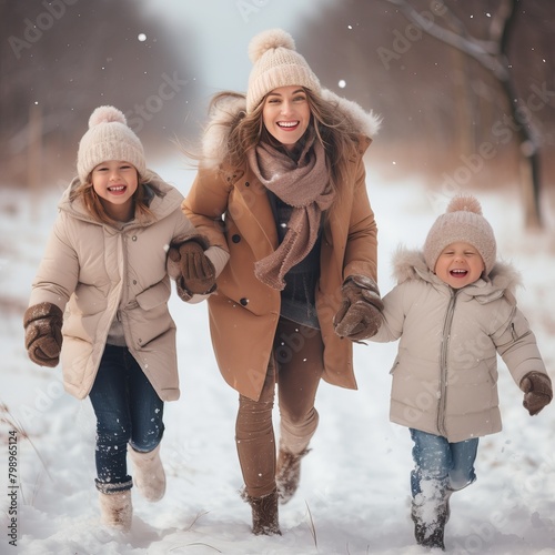 a woman and two children are walking in the snow.