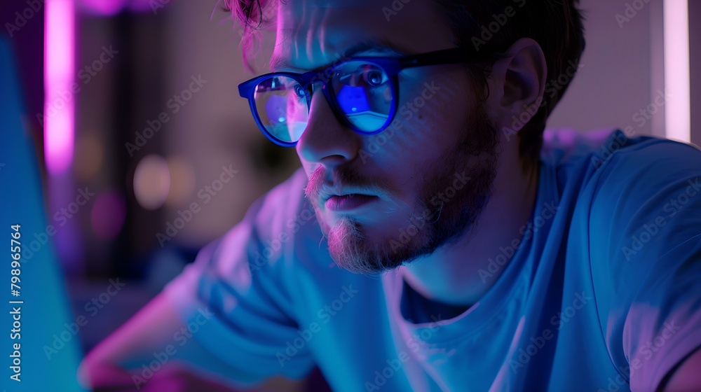 Focused man working late on computer with vibrant neon lighting Focused man working late on computer with vibrant neon lighting