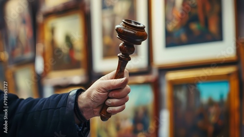 Auctioneer's hand holding a wooden gavel at an art auction gallery photo