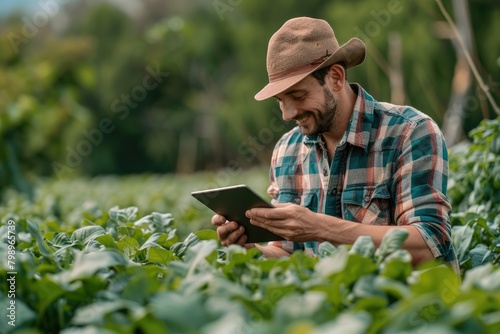 A farmer smiling using a tablet to monitor plant growth on a farm, Technology in agriculture