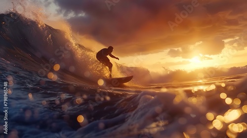 Surfer riding a wave at sunset, ocean spray glistening in warm light photo