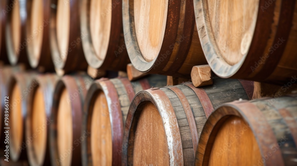 Traditional wooden wine barrels gracefully aged in storage, with soft light