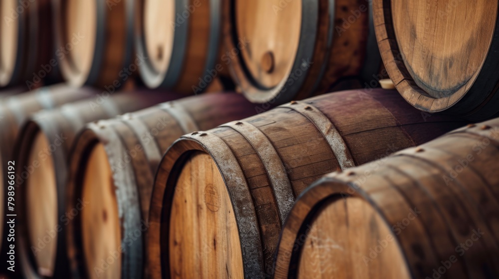 Traditional wooden wine barrels gracefully aged in storage, with soft light