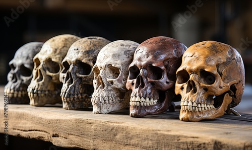 Row of Skulls on Wooden Table © uhdenis
