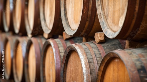 Traditional wooden wine barrels gracefully aged in storage, with soft light © AlfaSmart