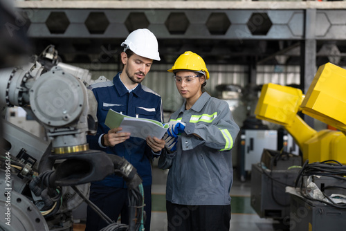 Two focused engineers, a man and a woman, consult a technical document in an industrial setting, emphasizing detail-oriented teamwork in machinery maintenance.