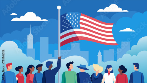 Against the backdrop of a crystal blue sky the stars and stripes flutter gently in the breeze as a solemn crowd watches on. The flagraising ceremony. Vector illustration