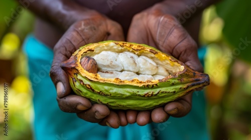 Holding a raw cocoa pod as the farmers hand gently reveals the treasure of white seeds hidden inside