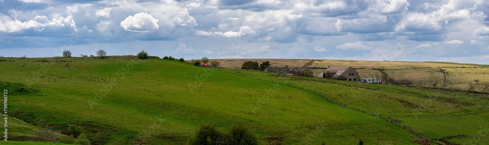 Panoramic image of green fields in Rossendale, greater Manchester. 