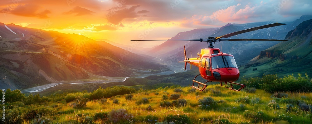 A helicopter transporting executives to a remote business conference, providing aerial views of the landscape. A helicopter transporting executives to a remote business conference, providing aerial views of the landscape.