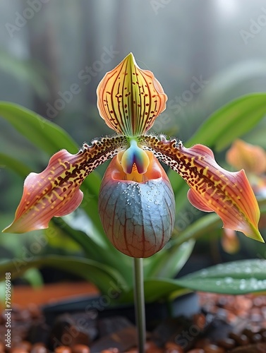 Generative AI : Create a Paphiopedilum roths childianum (Rothschild's Slipper Orchid) photo