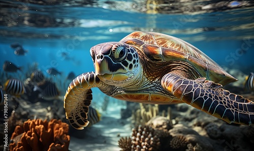 Sea Turtle Swimming Above Coral Reef © uhdenis
