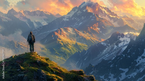 Adventurer in contemplation amid mountain majesty, as day gives way to evening hues photo