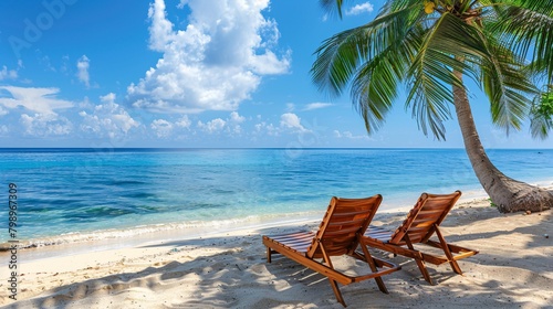lounge chairs on tropical beach with copy space © Vlad Kapusta