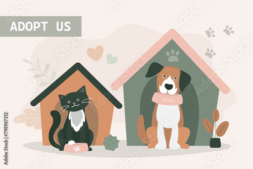 Adopt us, don't shop - cute dogs and cat sitting near dog home. Banner about pet adoptation. Animal care, adoption. Help homeless animals find home concept