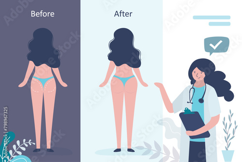 Plastic surgeon demonstrates results of buttock augmentation. Before and after cosmetic rejuvenating treatment. Woman body after gluteal implant operation.