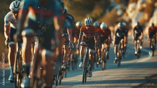 Close-up of a group of cyclists with professional racing sports gear riding on an open road cycling route.