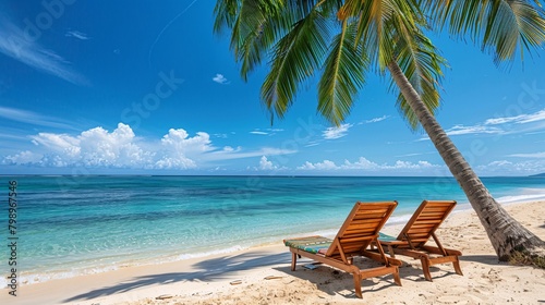 lounge chairs on tropical beach with copy space © Vlad Kapusta