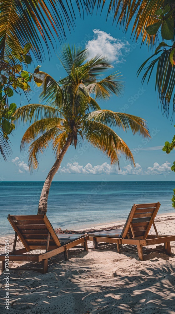 lounge chairs on tropical beach with copy space