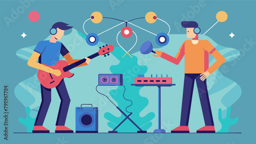 Two musicians on stage their instruments connected to their neural devices allowing them to play music together with perfect synchronization and.
