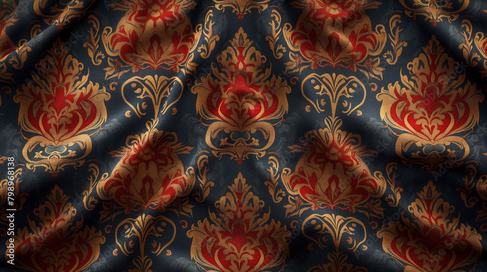 a beautiful pattern of damask fabric with gold and red on dark blue background, vintage, elegant-Enhanced a beautiful pattern of damask fabric with gold and red on dark blue background, vintage, elegant-Enhanced