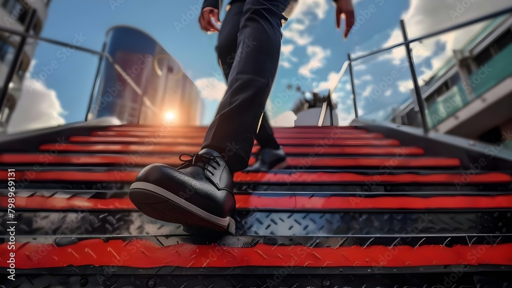 Young businessman in stylish shoes climbing stairs in the city: Close-up shot. Concept City Life, Urban Fashion, Climbing to Success, Stylish Footwear, Close-Up Shot