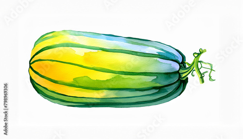 A lush watercolor squash with green and yellow stripes, accented by delicate tendrils