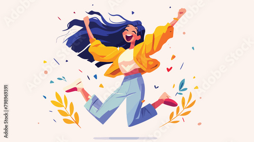 Happy woman jumping up with joy positive energy. Ex