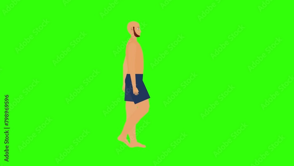Man walking bare bust and short pants, beach theme, without shoes, cartoon flat character animation, on green screen, seamless loop