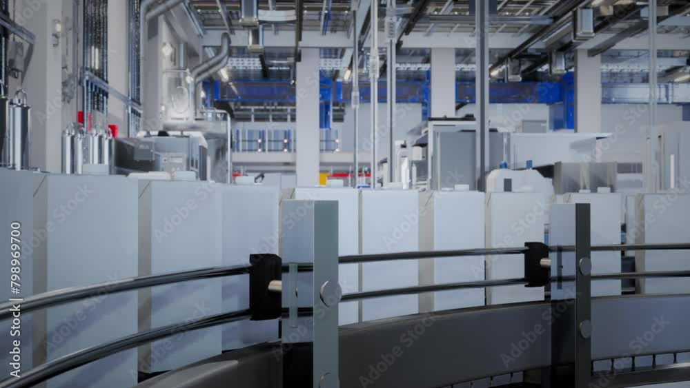 Automated Production Conveyor Line At The Modern Factory. Carrying The Cartons On The Production Conveyor Line. Carton Boxes Transported On The Production Conveyor Line. Machinery Mechanism Automated Production Conveyor Line At The Modern Factory. Carrying The Cartons On The Production Conveyor Line. Carton Boxes Transported On The Production Conveyor Line. Machinery Mechanism