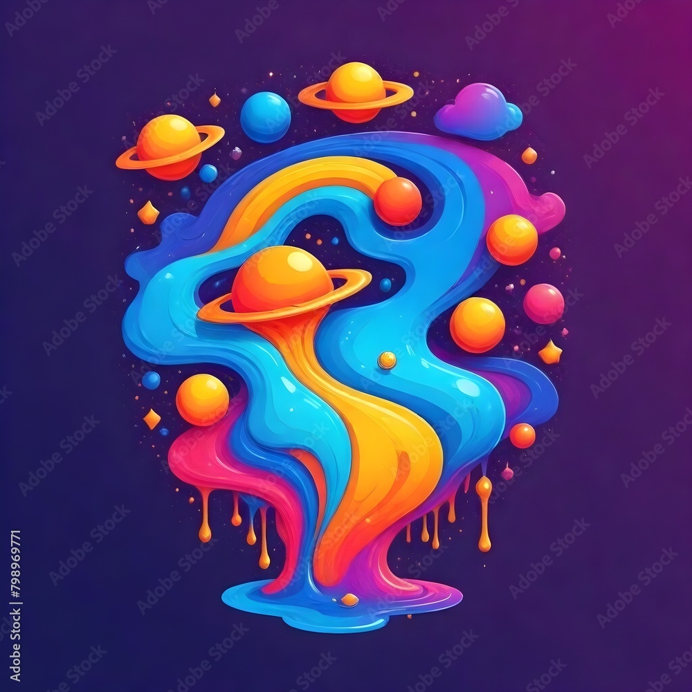 Obraz premium Stylized Galaxy Melting Liquid Cartoon Background Digital Fluid Painting Illustration Colored Design