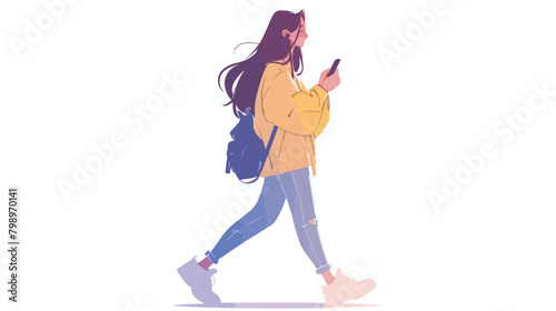 Happy woman walking and talking with mobile phone i