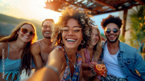 Happy woman taking selfie at an outdoor picnic with her group of multiracial friends. Celebrating friendship or meeting of friends.
