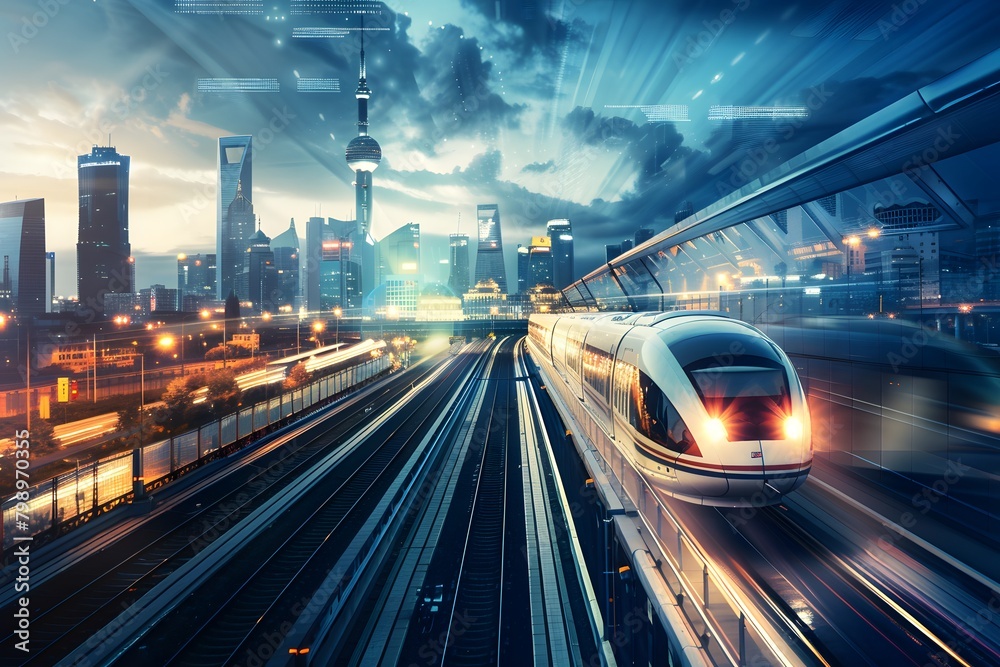 An express train speeds through a metropolitan area at twilight, its headlights illuminating the track ahead, modern skyline, with iconic towers and skyscrapers An express train speeds through a metropolitan area at twilight, its headlights illuminating the track ahead, modern skyline, with iconic towers and skyscrapers