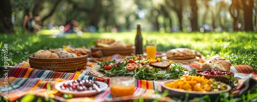 A group of friends having a clear outdoor potluck picnic in a grassy park, with colorful blankets spread out on the ground. © apirom
