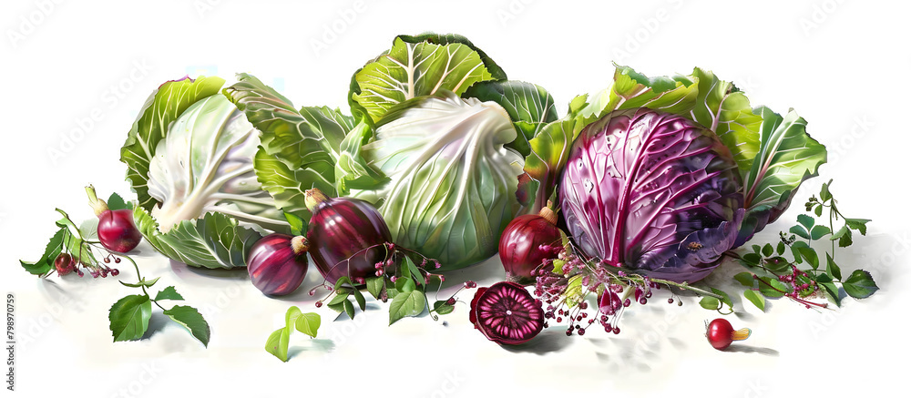 
Appetizing raw and fresh cabbages arranged on a white surface
 - obrazy, fototapety, plakaty 