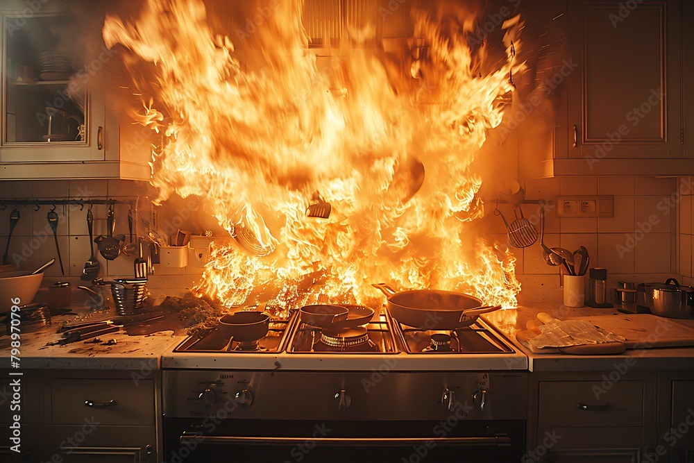 a chaotic kitchen scene with a raging fire bursting from a cooking pan on the stove, resulting in a dramatic inferno. a chaotic kitchen scene with a raging fire bursting from a cooking pan on the stove, resulting in a dramatic inferno.