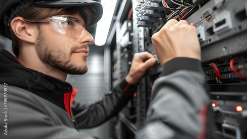 Testing Voltage and Current in Electrical Control Cabinet and Wires: A Job for an Electrician Engineer. Concept Electrical Testing, Control Cabinet, Voltage, Current, Electrician Engineer