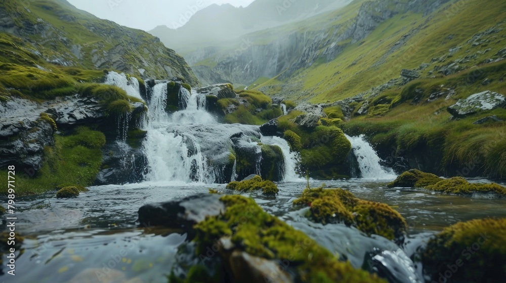 Clear freshwater cascading down a small waterfall in a picturesque mountain stream surrounded by moss covered rocks Clear freshwater cascading down a small waterfall in a picturesque mountain stream surrounded by moss covered rocks
